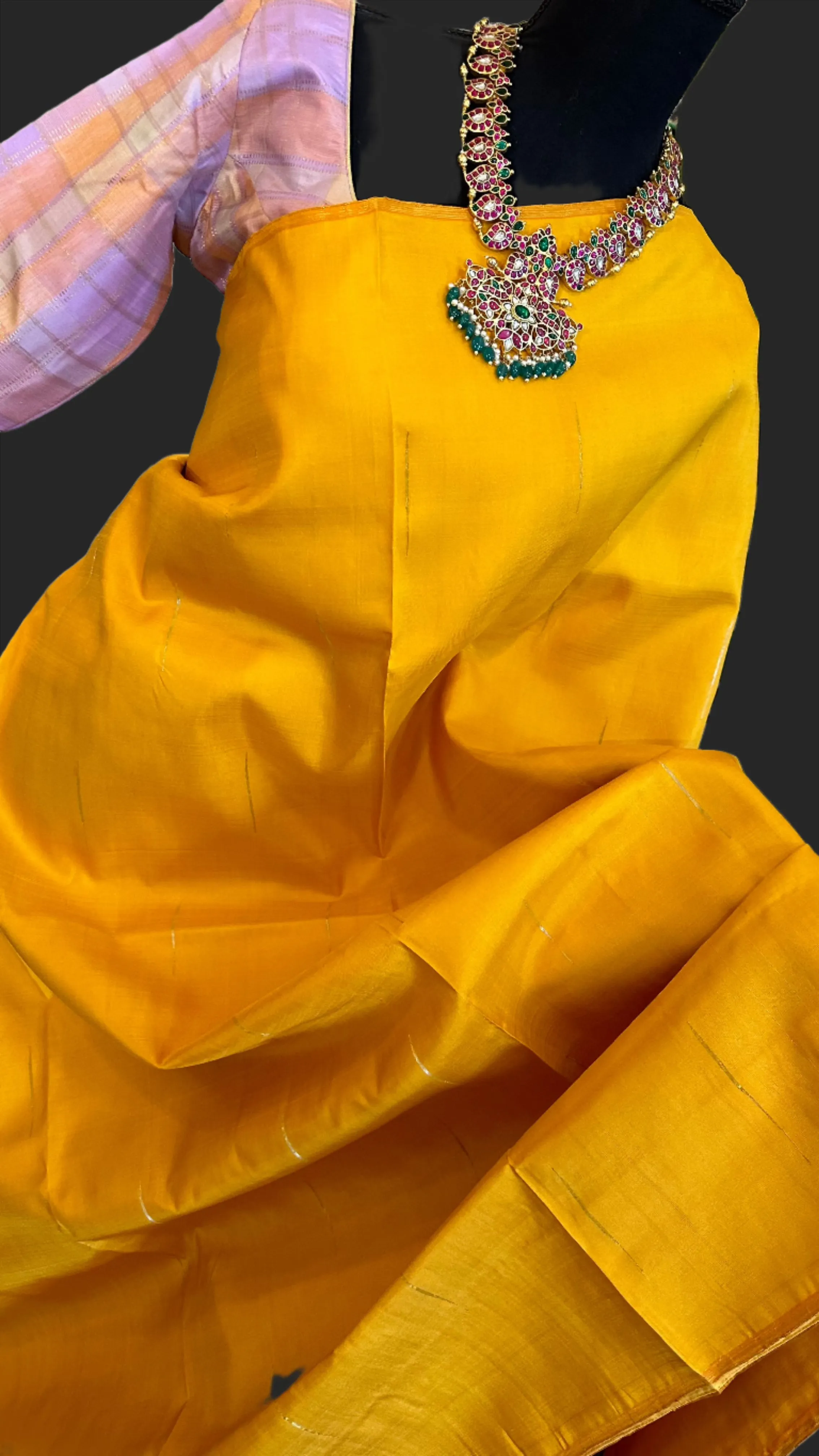 Yellow kanjivaram silk saree checks blouse and pallu