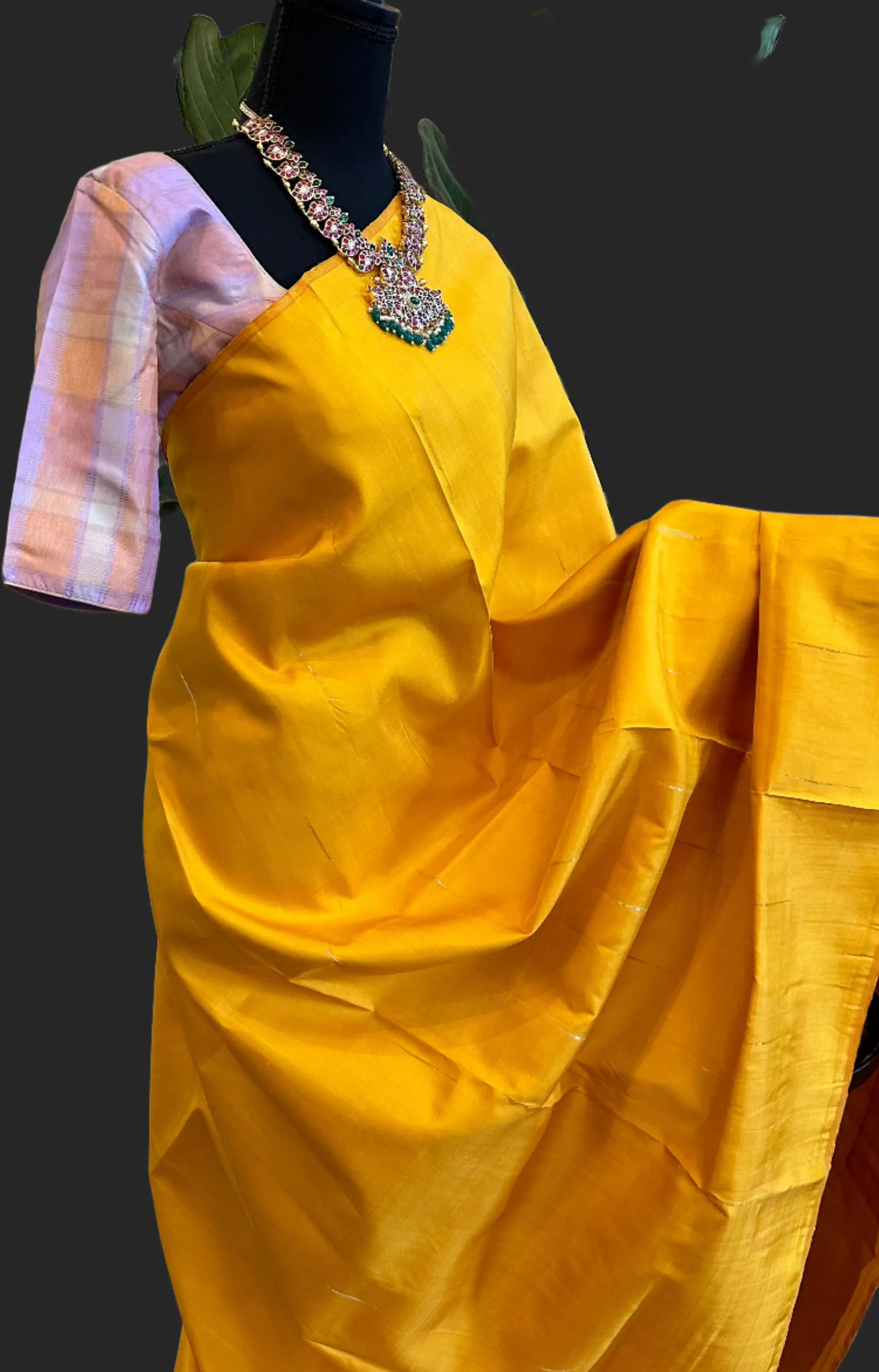 Yellow kanjivaram silk saree checks blouse and pallu