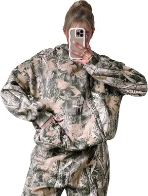 YKR Camo Sweatsuits for Women 2 Piece Outfit Camo Maple Leaf Hoodie Printed Fleece Sweatpants Lounge Sets