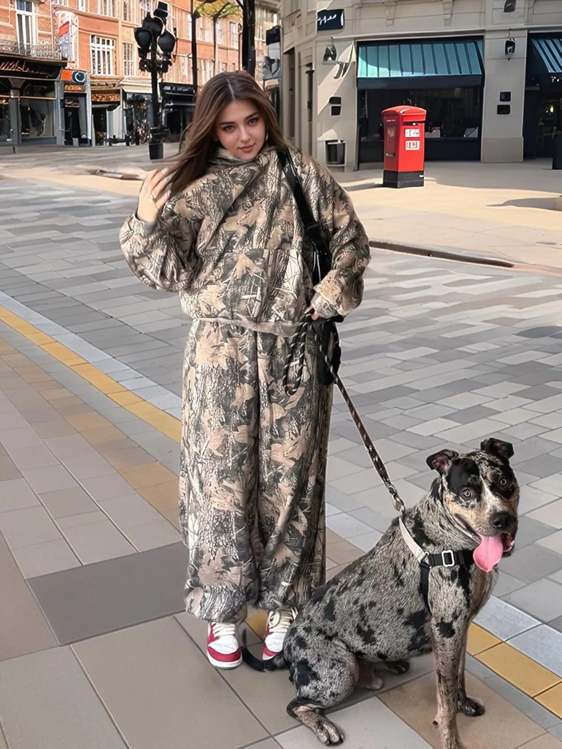 YKR Camo Sweatsuits for Women 2 Piece Outfit Camo Maple Leaf Hoodie Printed Fleece Sweatpants Lounge Sets