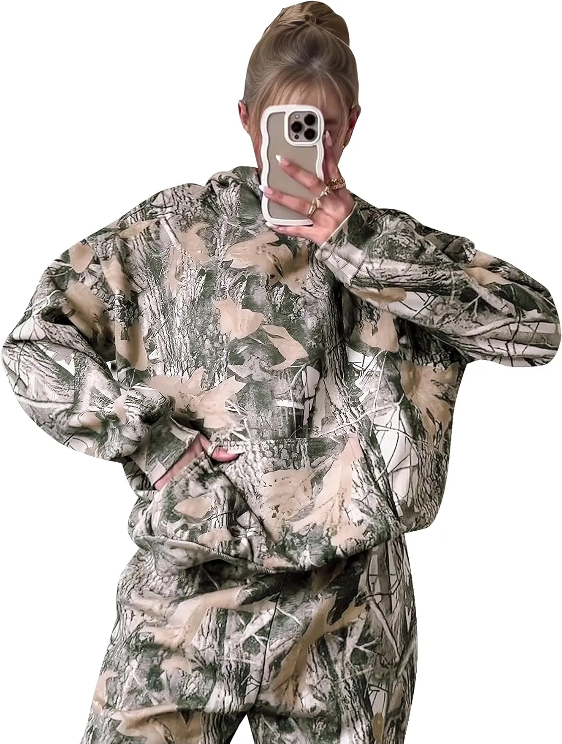YKR Camo Sweatsuits for Women 2 Piece Outfit Camo Maple Leaf Hoodie Printed Fleece Sweatpants Lounge Sets