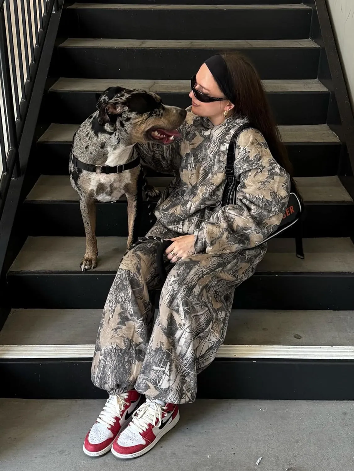YKR Camo Sweatsuits for Women 2 Piece Outfit Camo Maple Leaf Hoodie Printed Fleece Sweatpants Lounge Sets