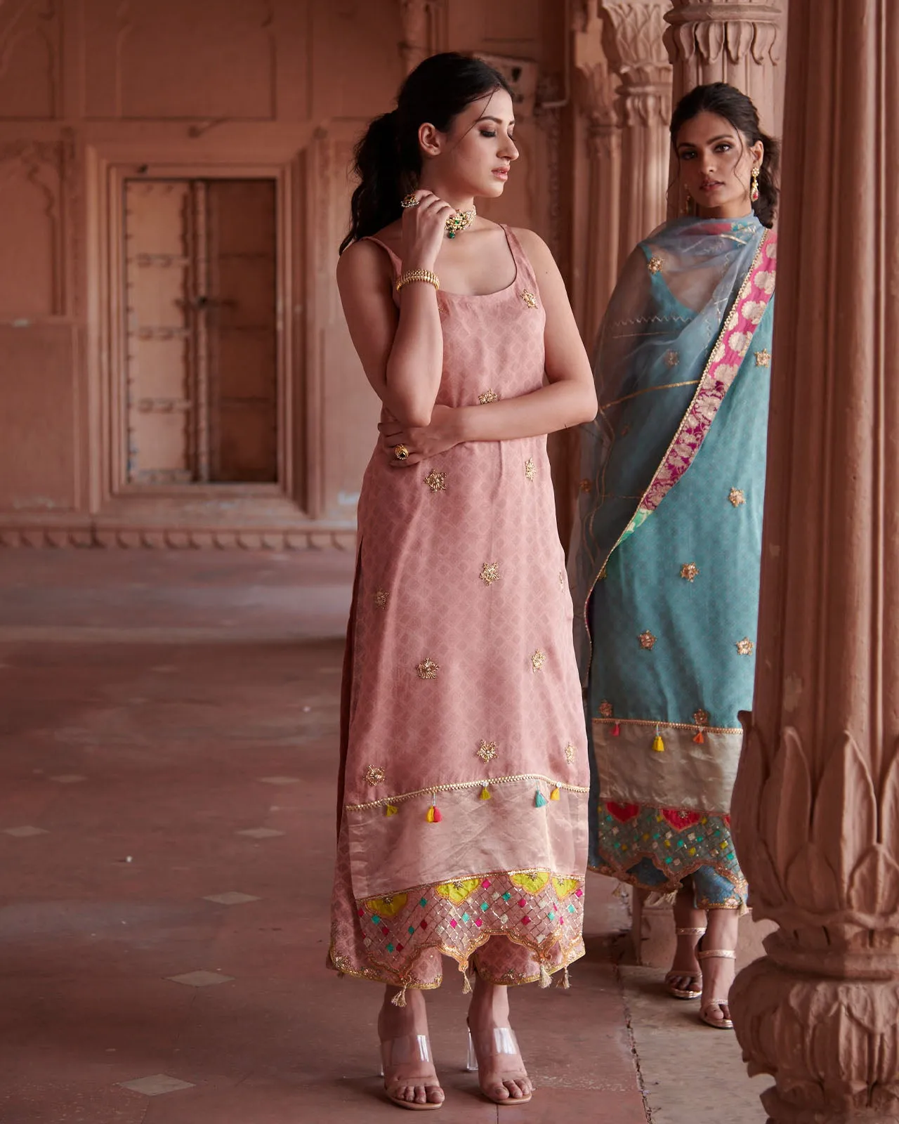 Zahra Pastel Pink Printed Organza Panel Kurta Set