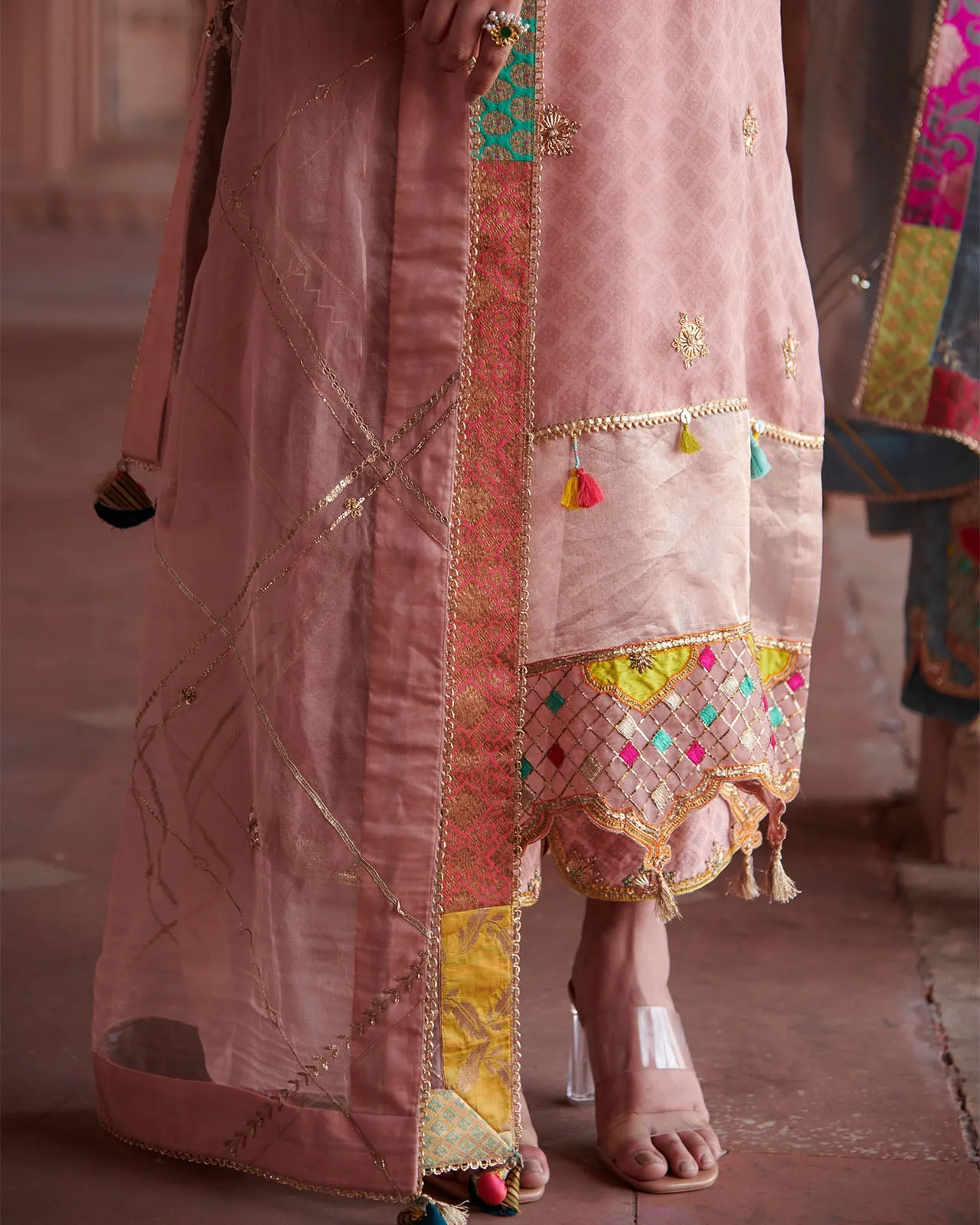 Zahra Pastel Pink Printed Organza Panel Kurta Set