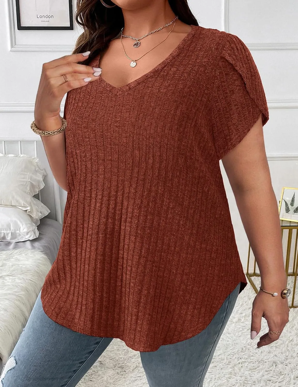 Zamowoty Plus Size Tops for Women 3/4 Roll Sleeve Shirts V Neck Zipper Solid Color Lightweight Blouses Tunic Top