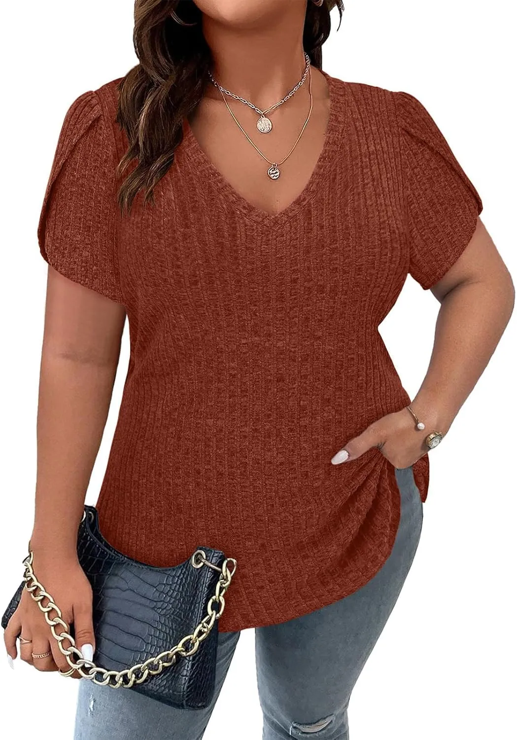 Zamowoty Plus Size Tops for Women 3/4 Roll Sleeve Shirts V Neck Zipper Solid Color Lightweight Blouses Tunic Top