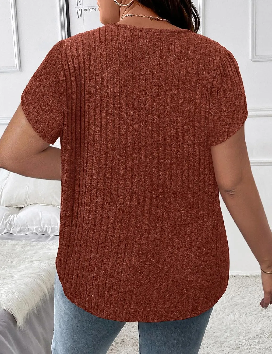 Zamowoty Plus Size Tops for Women 3/4 Roll Sleeve Shirts V Neck Zipper Solid Color Lightweight Blouses Tunic Top