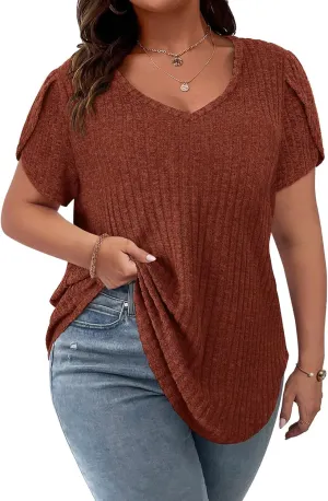 Zamowoty Plus Size Tops for Women 3/4 Roll Sleeve Shirts V Neck Zipper Solid Color Lightweight Blouses Tunic Top