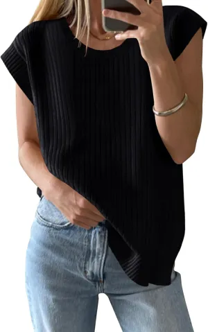 ZDC Women's Cap Sleeve Sweater Vest 2025 Trendy Crew Neck Summer Tops Casual Pullover Tank Shirts