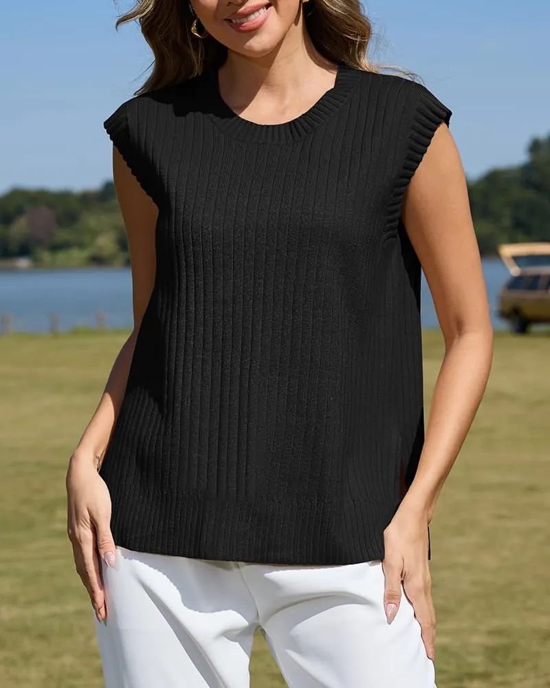 ZDC Women's Cap Sleeve Sweater Vest 2025 Trendy Crew Neck Summer Tops Casual Pullover Tank Shirts