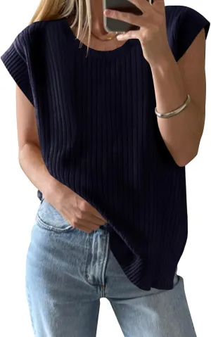 ZDC Women's Cap Sleeve Sweater Vest 2025 Trendy Crew Neck Summer Tops Casual Pullover Tank Shirts