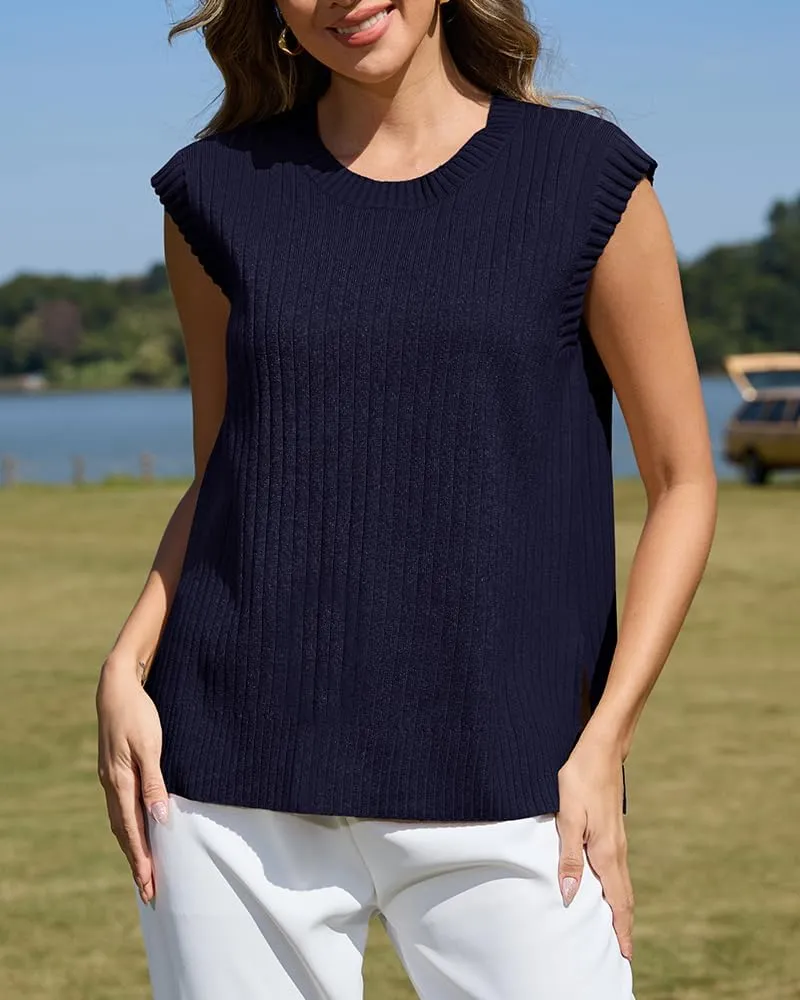 ZDC Women's Cap Sleeve Sweater Vest 2025 Trendy Crew Neck Summer Tops Casual Pullover Tank Shirts