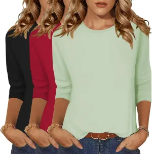 Zeagoo Tops for Women 3 Pack 3/4 Sleeve Crewneck Cute Basics Tees Casual Fashion Summer T Shirts Business Work Tee Top