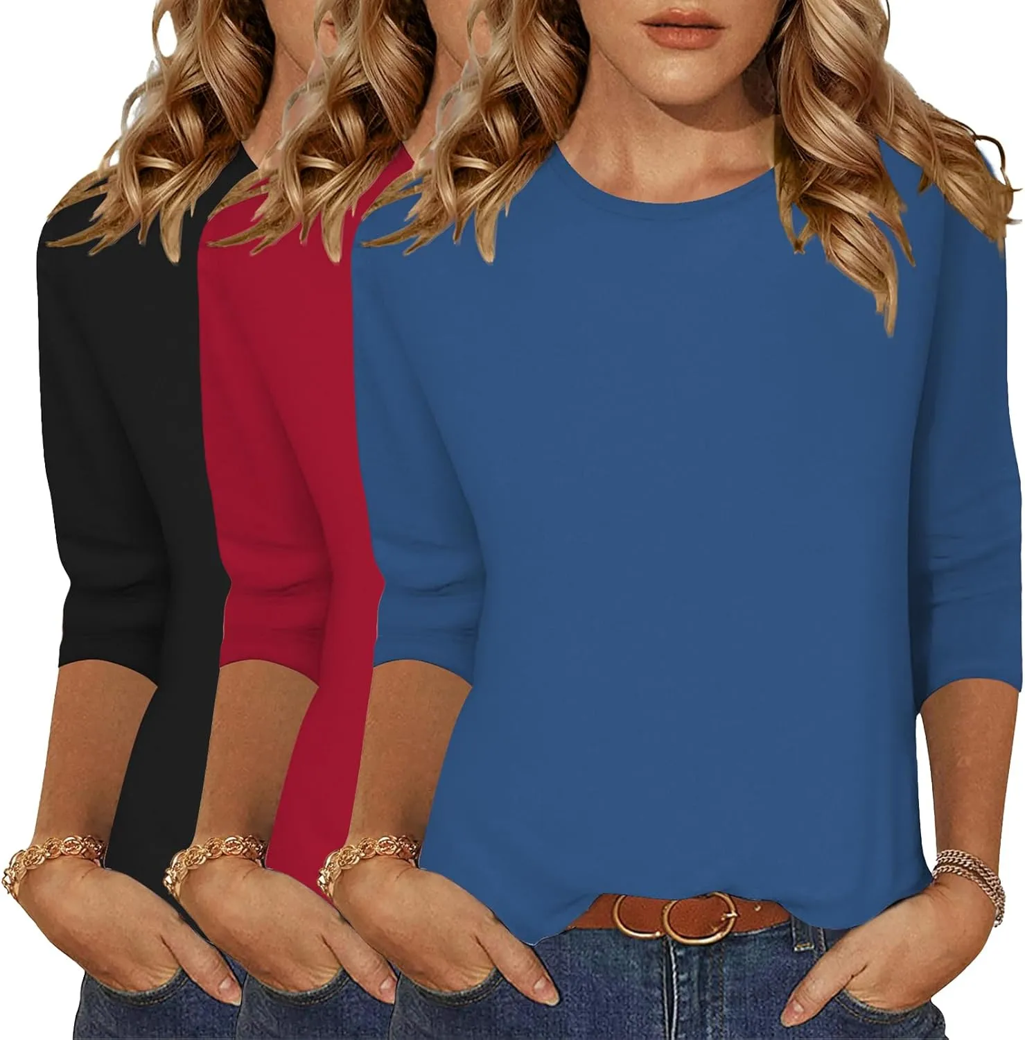 Zeagoo Tops for Women 3 Pack 3/4 Sleeve Crewneck Cute Basics Tees Casual Fashion Summer T Shirts Business Work Tee Top