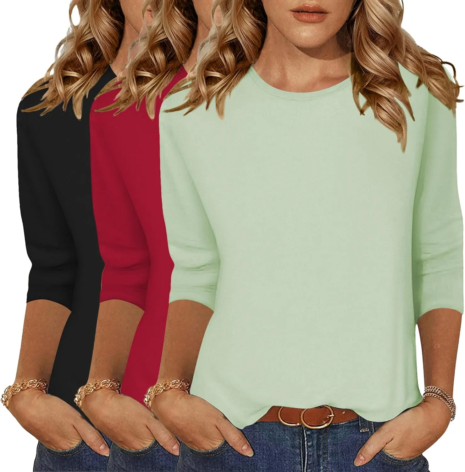 Zeagoo Tops for Women 3 Pack 3/4 Sleeve Crewneck Cute Basics Tees Casual Fashion Summer T Shirts Business Work Tee Top