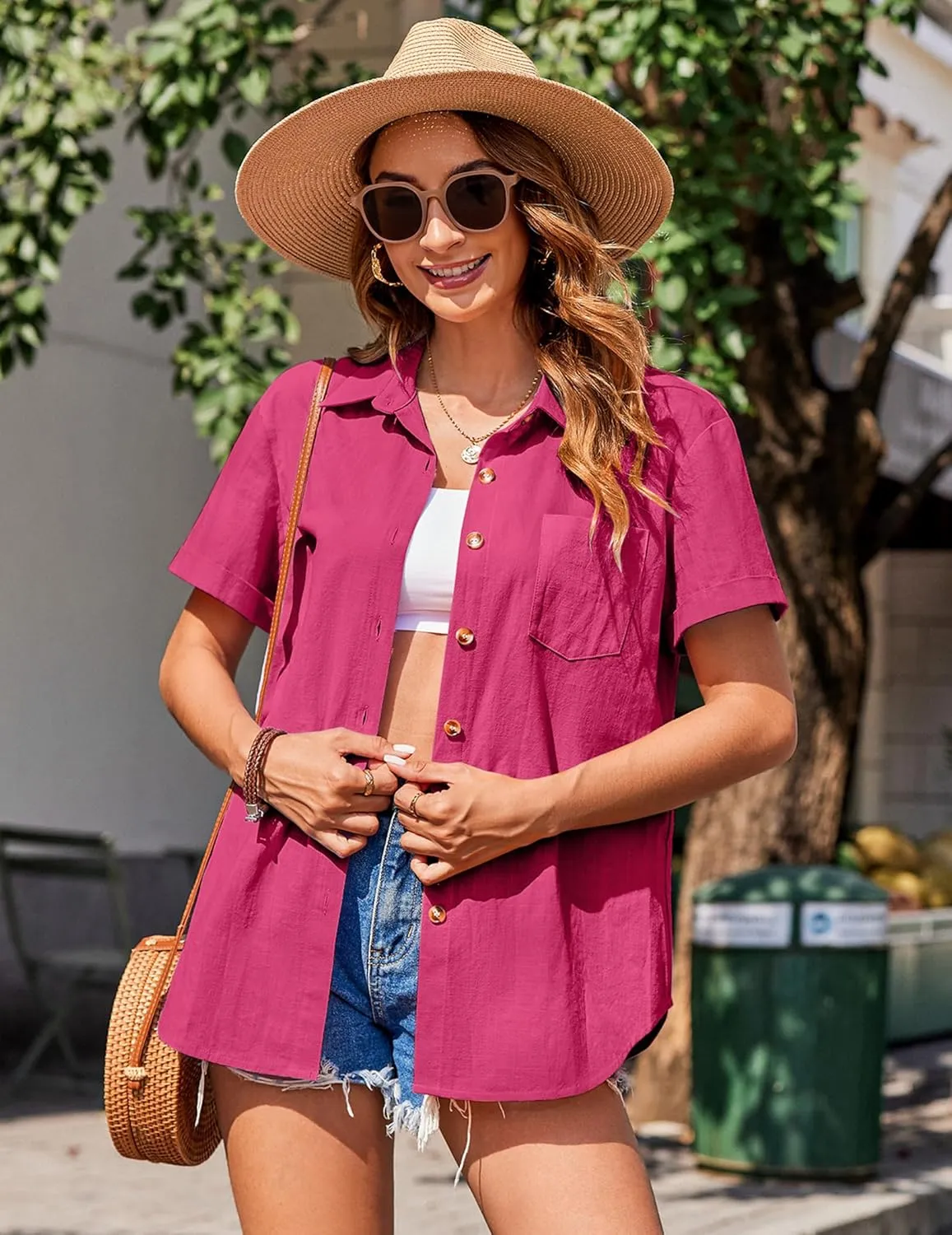 Zeagoo Womens Button Down Shirts Color Block Short Sleeve Cotton Linen Summer Causal Blouses Tops