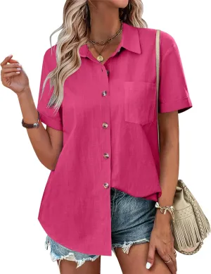 Zeagoo Womens Button Down Shirts Color Block Short Sleeve Cotton Linen Summer Causal Blouses Tops
