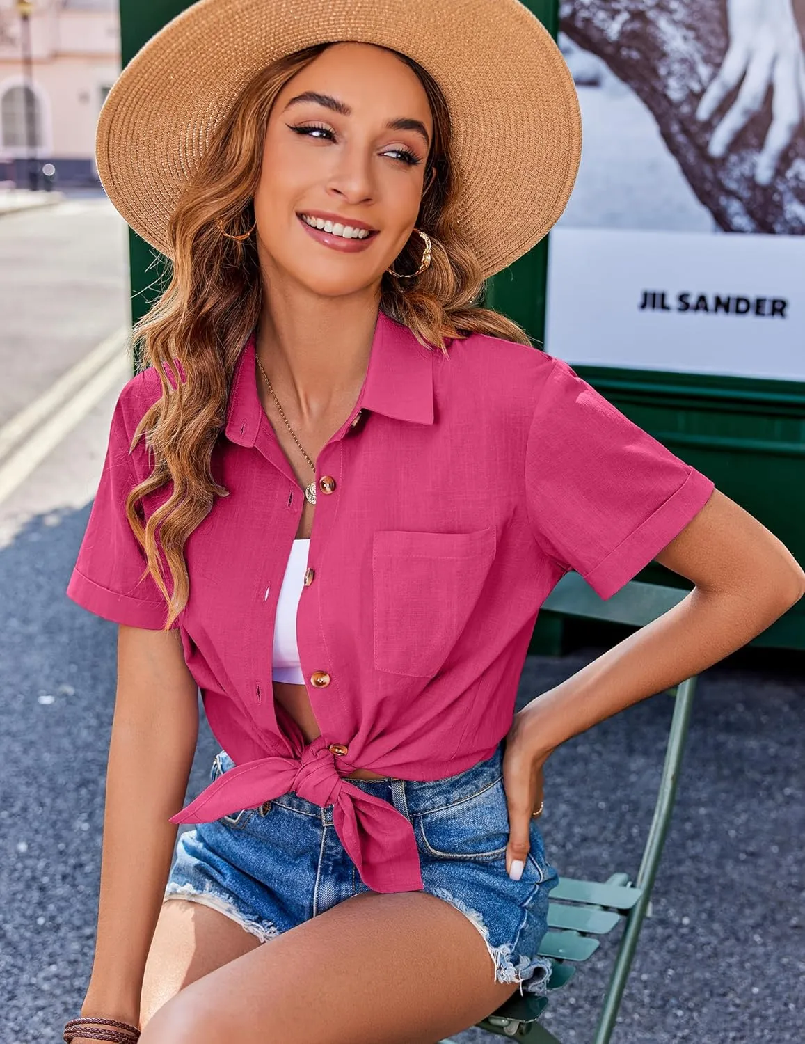 Zeagoo Womens Button Down Shirts Color Block Short Sleeve Cotton Linen Summer Causal Blouses Tops