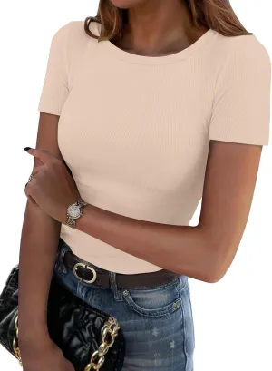 Zeagoo Women's Short Sleeve Tops Casual Crewneck Ribbed Knit Slim Fitted Basic Tee Stretchy Shirts 2025 Summer Trendy Outfits