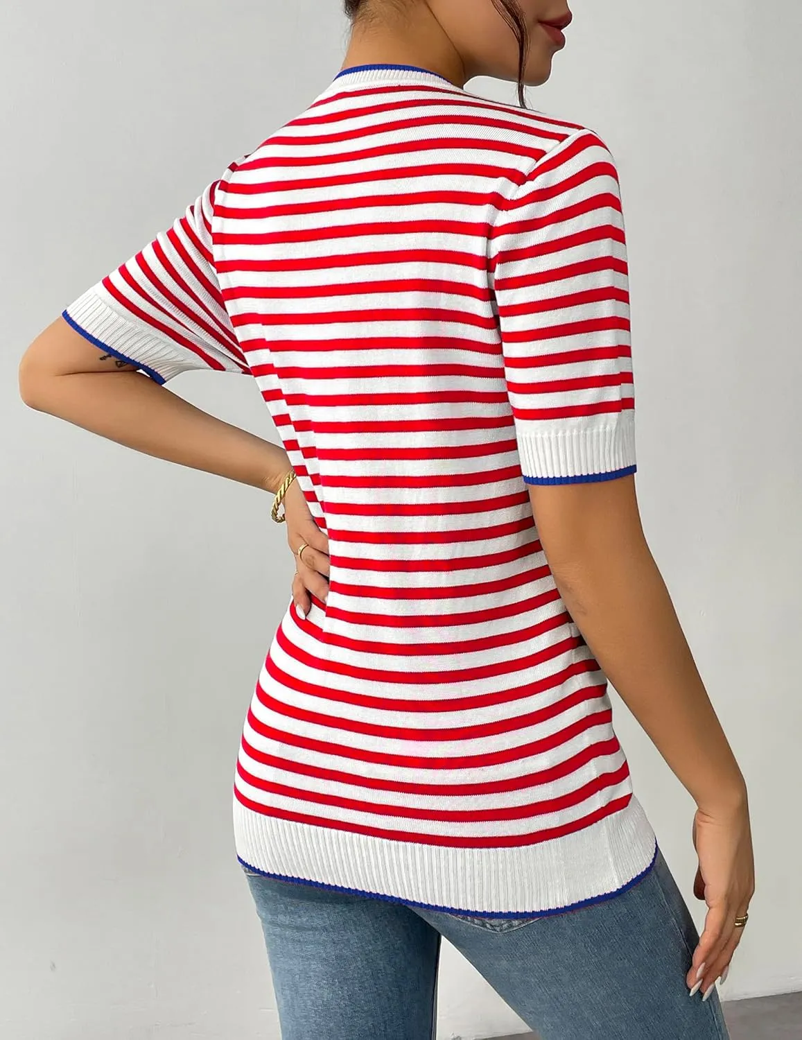 Zeagoo Womens Summer Tops Casual Short Sleeve Striped Sweater Shirt Crewneck Color Block Knit Blouses