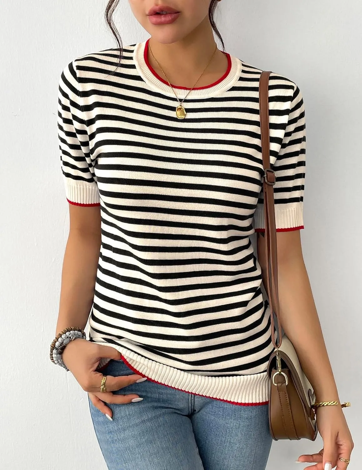 Zeagoo Womens Summer Tops Casual Short Sleeve Striped Sweater Shirt Crewneck Color Block Knit Blouses