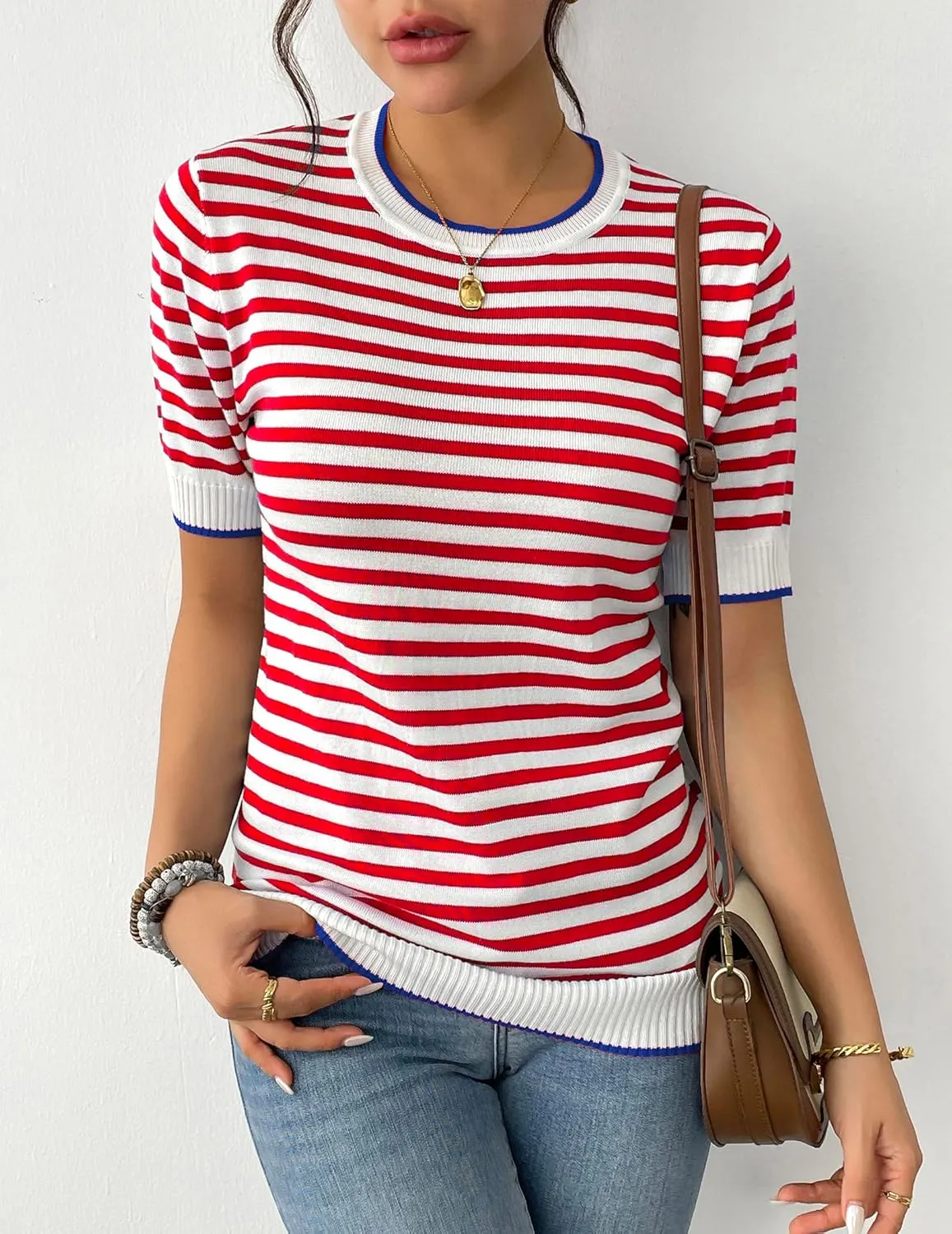Zeagoo Womens Summer Tops Casual Short Sleeve Striped Sweater Shirt Crewneck Color Block Knit Blouses