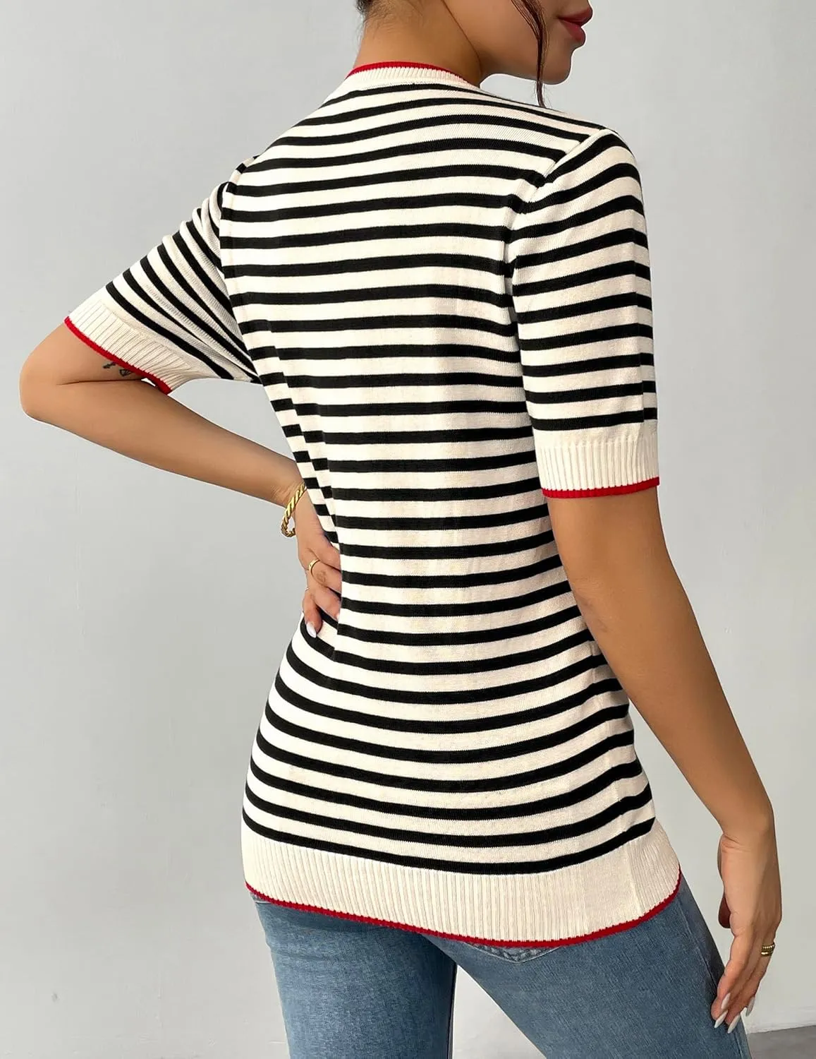Zeagoo Womens Summer Tops Casual Short Sleeve Striped Sweater Shirt Crewneck Color Block Knit Blouses