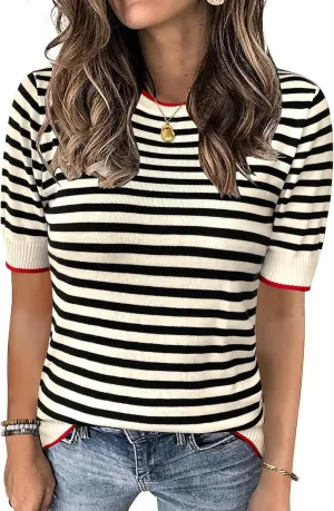 Zeagoo Womens Summer Tops Casual Short Sleeve Striped Sweater Shirt Crewneck Color Block Knit Blouses