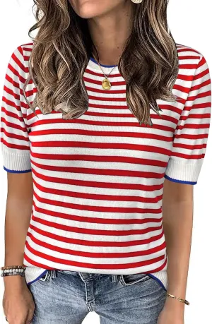 Zeagoo Womens Summer Tops Casual Short Sleeve Striped Sweater Shirt Crewneck Color Block Knit Blouses