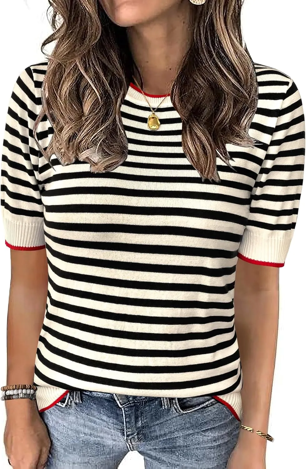 Zeagoo Womens Summer Tops Casual Short Sleeve Striped Sweater Shirt Crewneck Color Block Knit Blouses
