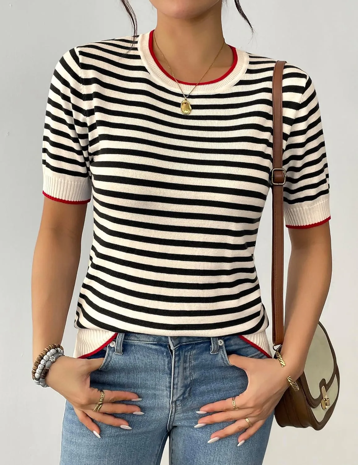 Zeagoo Womens Summer Tops Casual Short Sleeve Striped Sweater Shirt Crewneck Color Block Knit Blouses