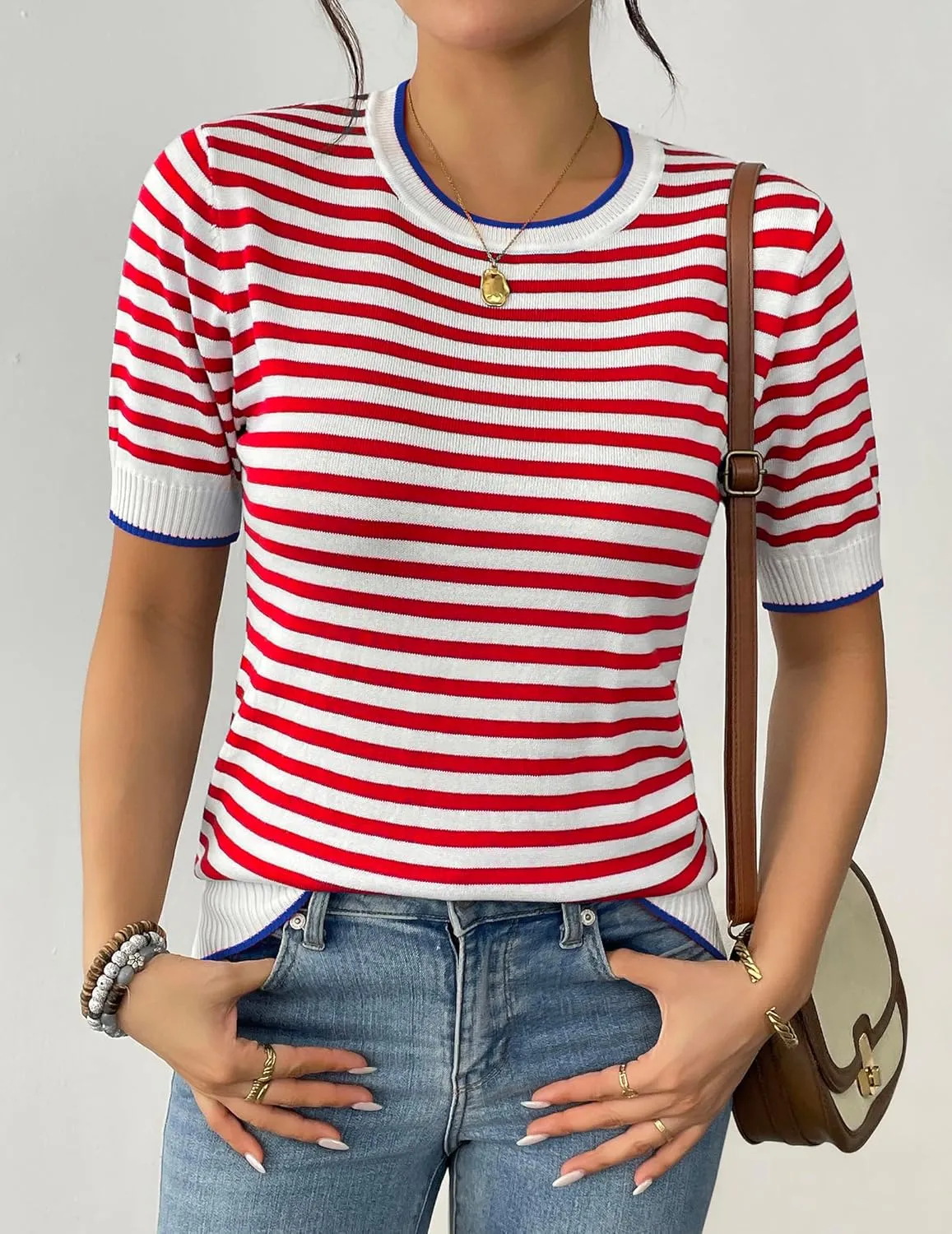 Zeagoo Womens Summer Tops Casual Short Sleeve Striped Sweater Shirt Crewneck Color Block Knit Blouses