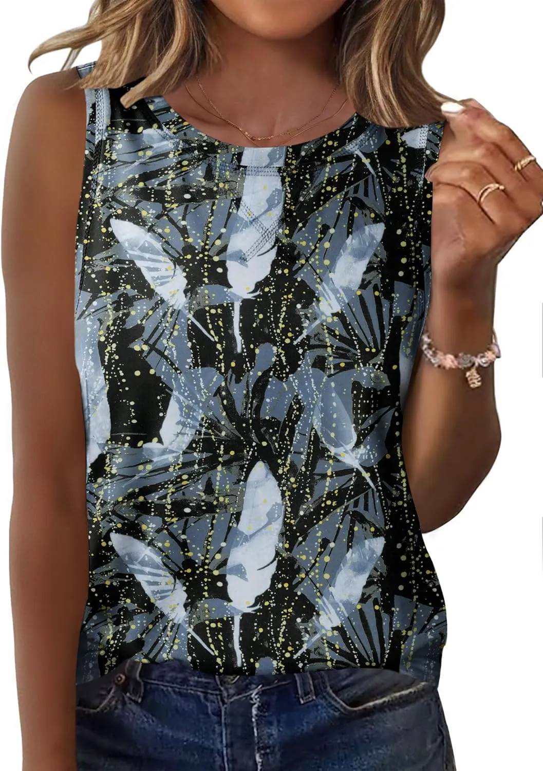 Zeagoo Women's Tank Tops Crew Neck Sleeveless Tops Floral Solid Summer Shirts Casual Loose Flowy Tunic Blouses