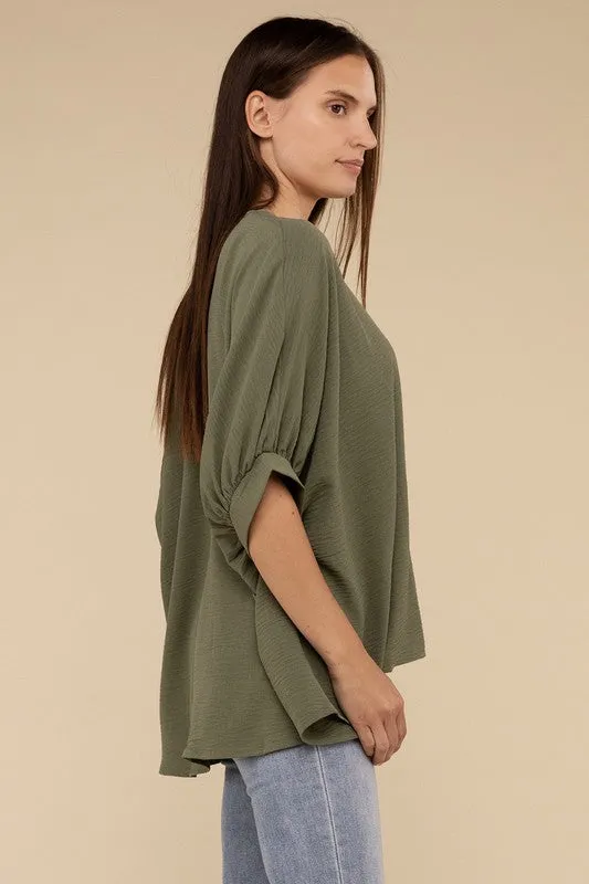 Zenana Clothing Woven Airflow V-Neck Puff Half Sleeve Top
