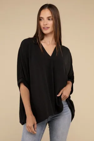 Zenana Clothing Woven Airflow V-Neck Puff Half Sleeve Top