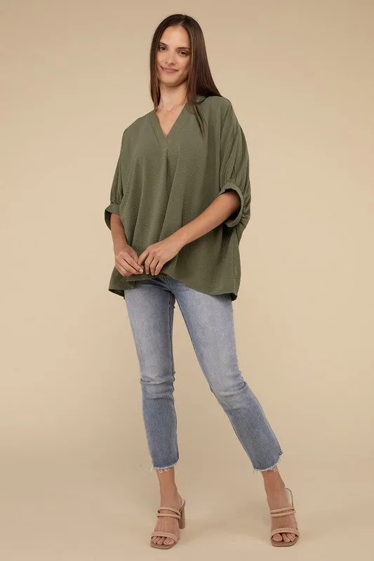 Zenana Clothing Woven Airflow V-Neck Puff Half Sleeve Top