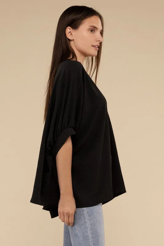 Zenana Clothing Woven Airflow V-Neck Puff Half Sleeve Top