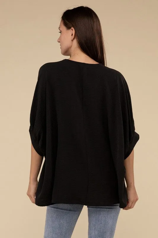 Zenana Clothing Woven Airflow V-Neck Puff Half Sleeve Top