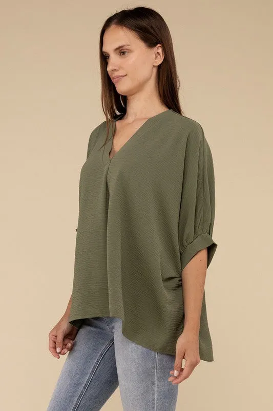 Zenana Clothing Woven Airflow V-Neck Puff Half Sleeve Top