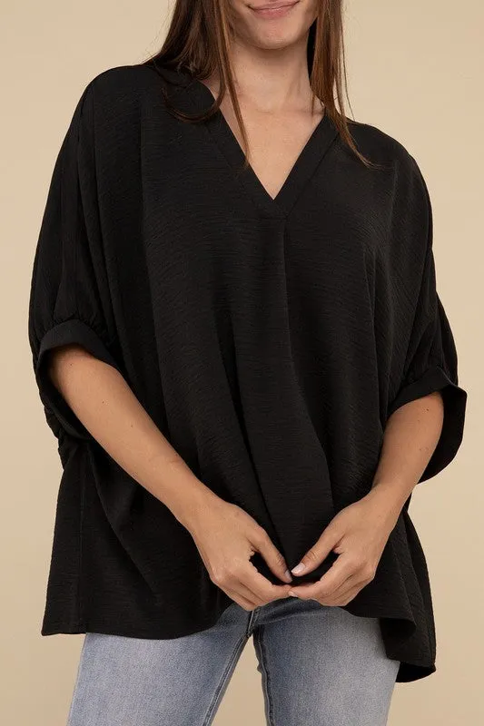 Zenana Clothing Woven Airflow V-Neck Puff Half Sleeve Top