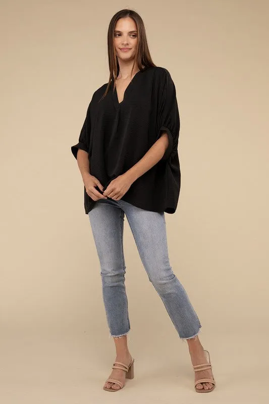 Zenana Clothing Woven Airflow V-Neck Puff Half Sleeve Top