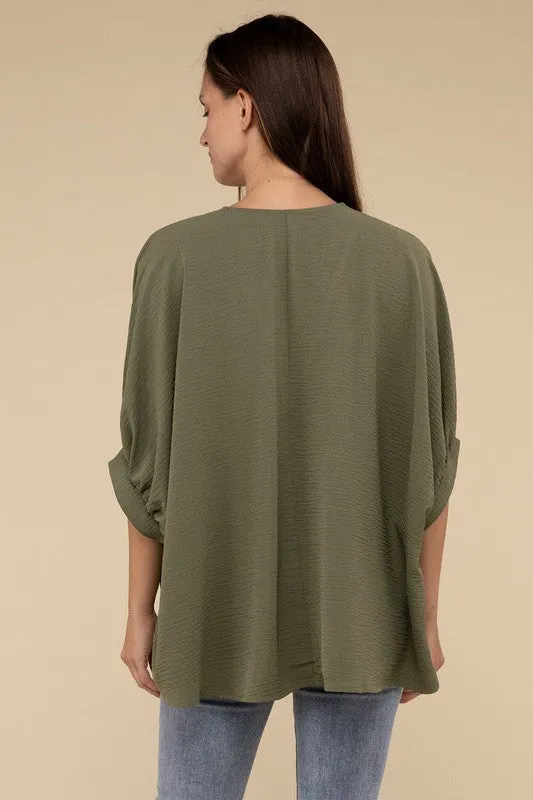 Zenana Clothing Woven Airflow V-Neck Puff Half Sleeve Top