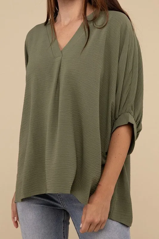 Zenana Clothing Woven Airflow V-Neck Puff Half Sleeve Top