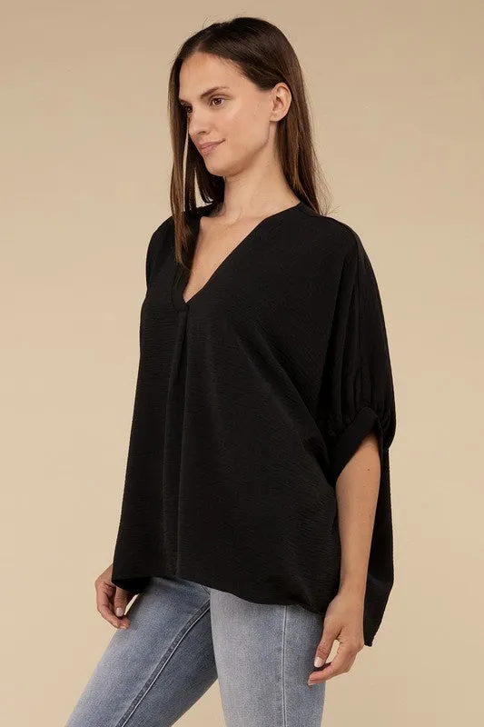 Zenana Clothing Woven Airflow V-Neck Puff Half Sleeve Top