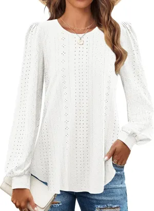 ZESICA Long Sleeve Eyelet Tops for Womens Crew Neck Fall Shirts Casual Loose Blouses 2025 Trendy Clothes