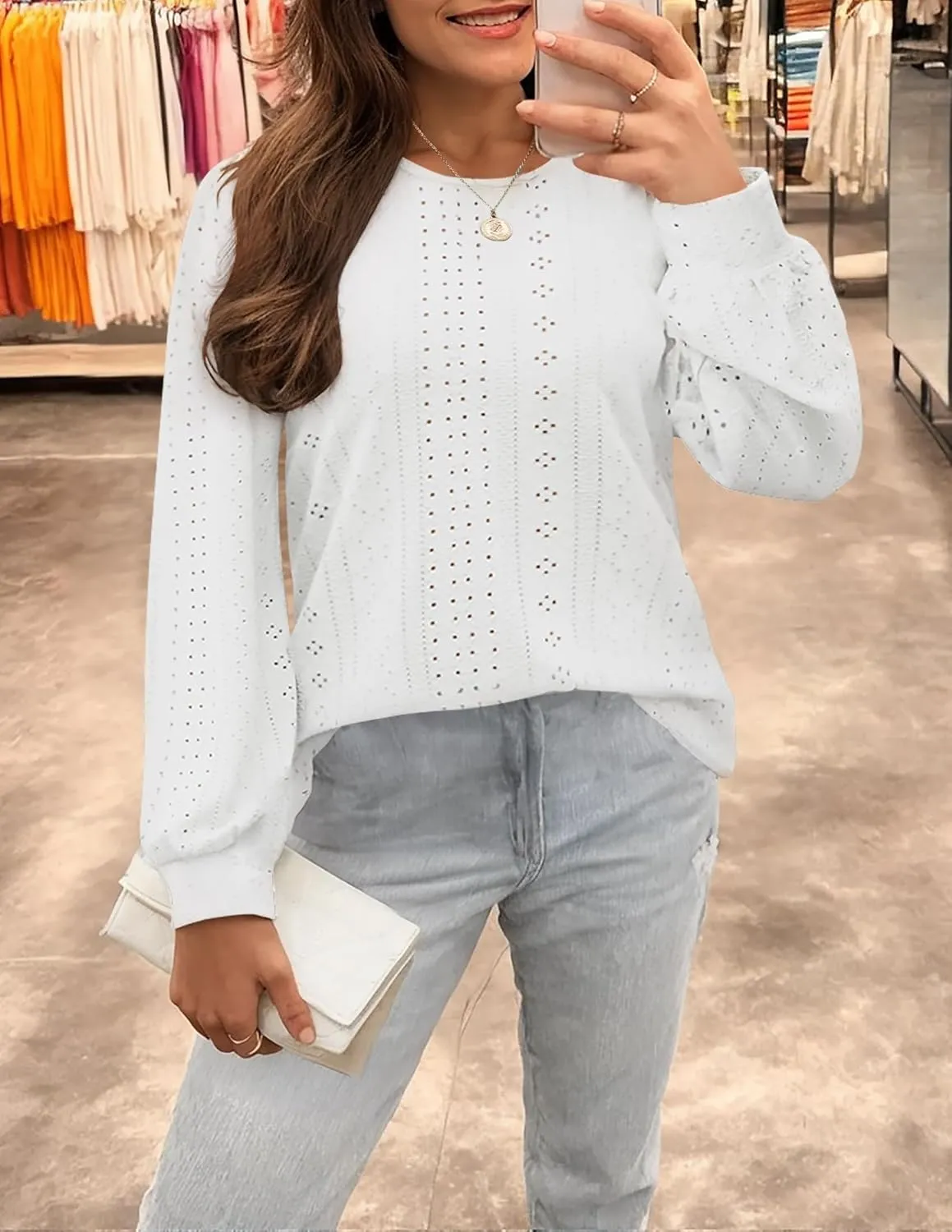 ZESICA Long Sleeve Eyelet Tops for Womens Crew Neck Fall Shirts Casual Loose Blouses 2025 Trendy Clothes