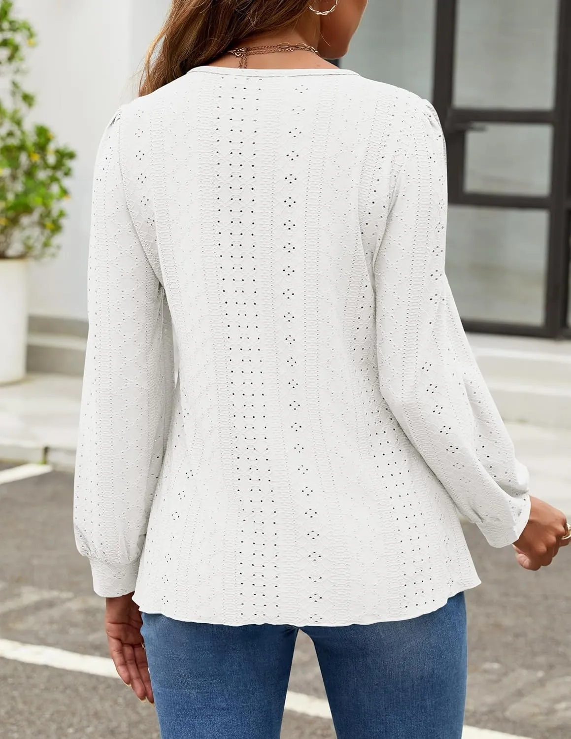 ZESICA Long Sleeve Eyelet Tops for Womens Crew Neck Fall Shirts Casual Loose Blouses 2025 Trendy Clothes