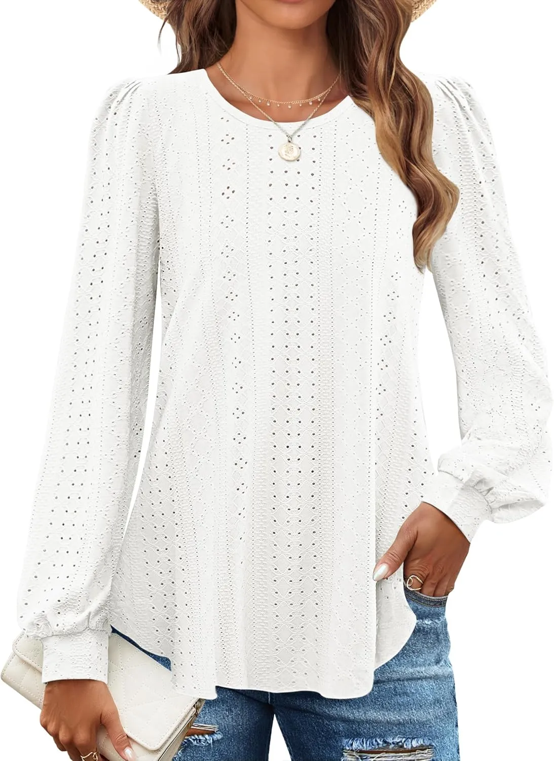 ZESICA Long Sleeve Eyelet Tops for Womens Crew Neck Fall Shirts Casual Loose Blouses 2025 Trendy Clothes