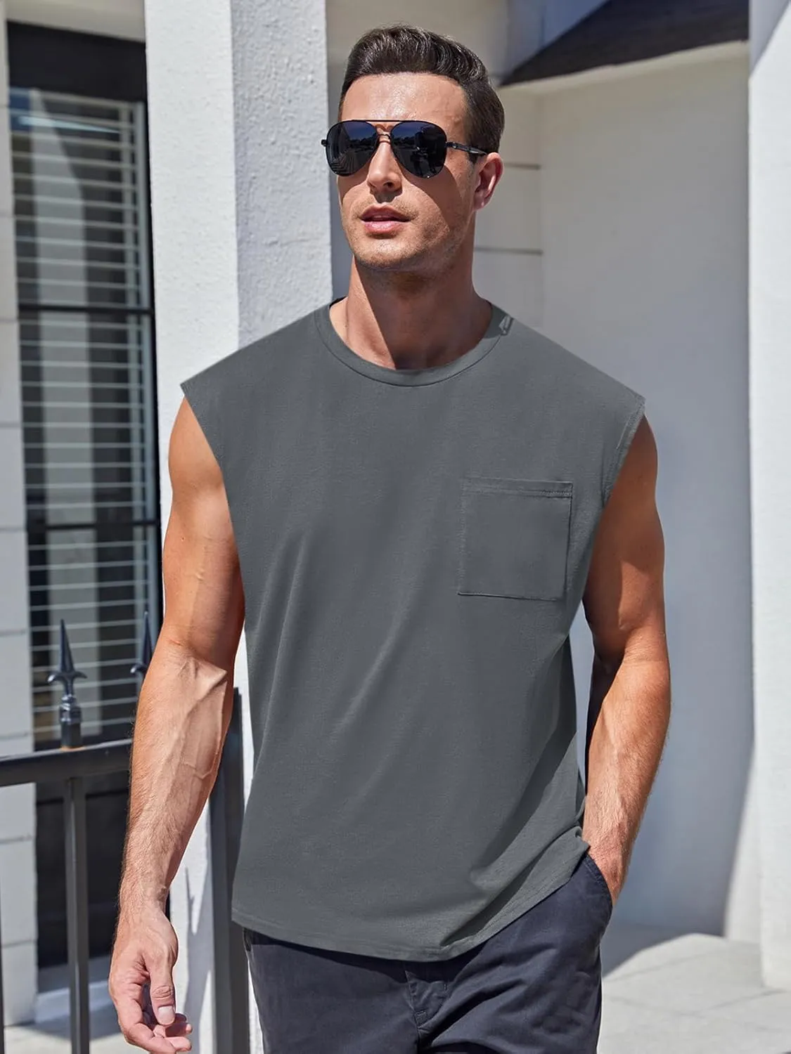 ZIWOCH Mens Sleeveless Tank Tops Workout Cut Off Shirts Muscle Gym T Shirts with Pocket