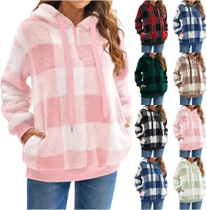 ZWRXW Womens Oversized Sherpa Hoodies Drawstring Fuzzy Fleece Hoodie Sweatshirts Fluffy Buffalo Plaid Outerwear with Pockets